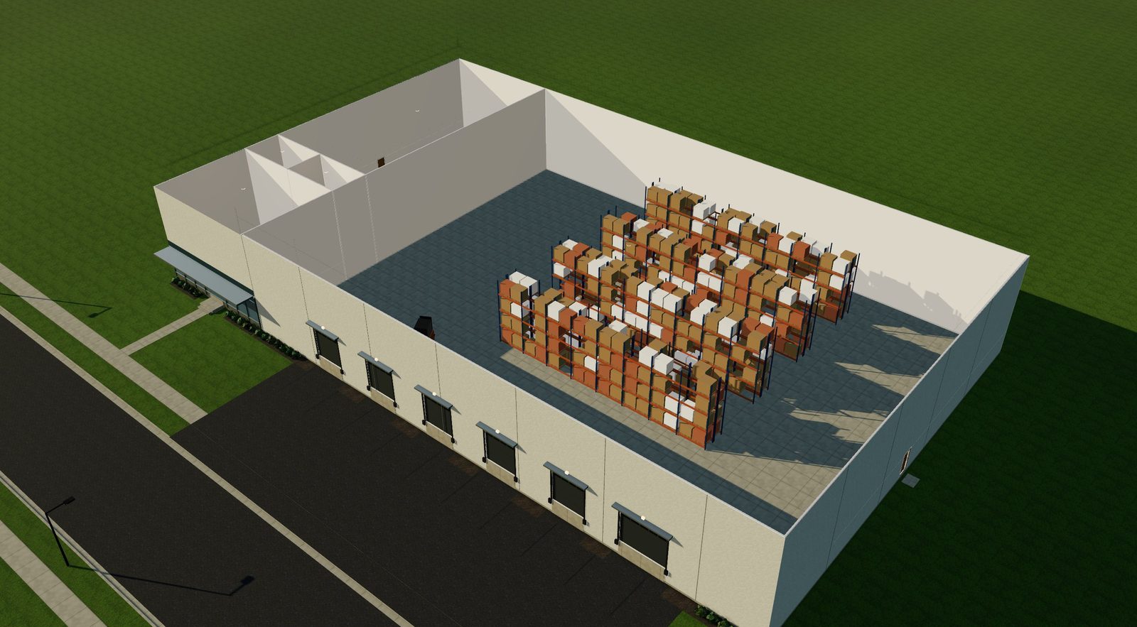 Cutaway of a warehouse with pallet racking, dock-high doors and an office corner