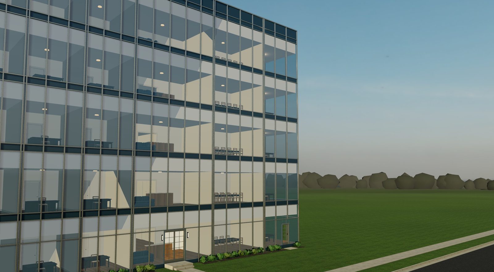 The office floor plate stacked five stories in a glass curtain wall