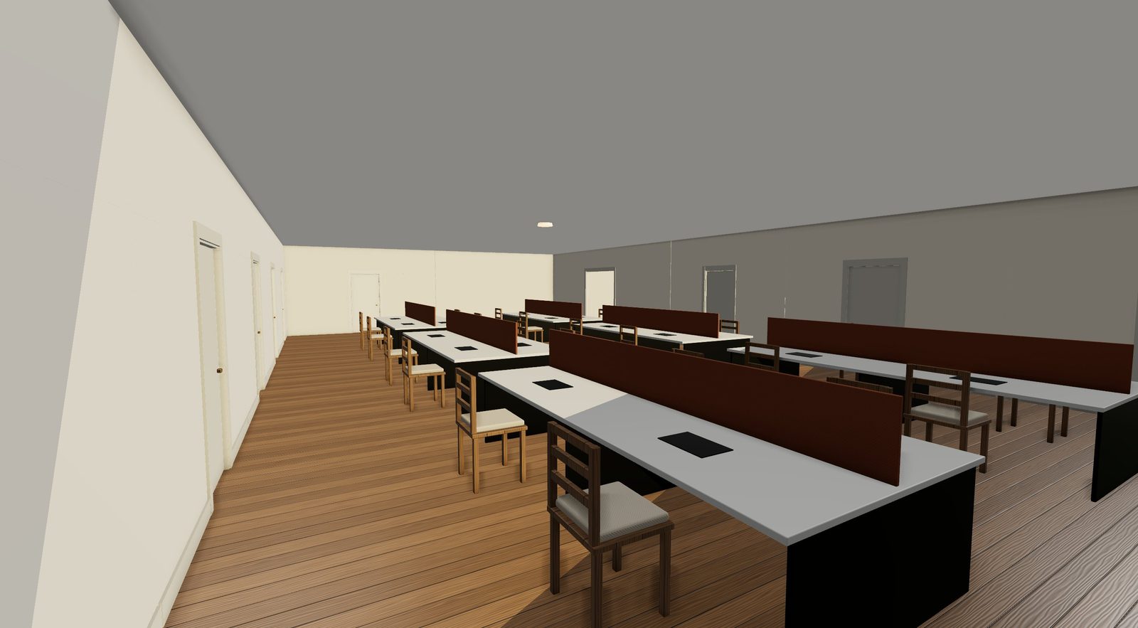 A 3D walkthrough inside the office's open work area